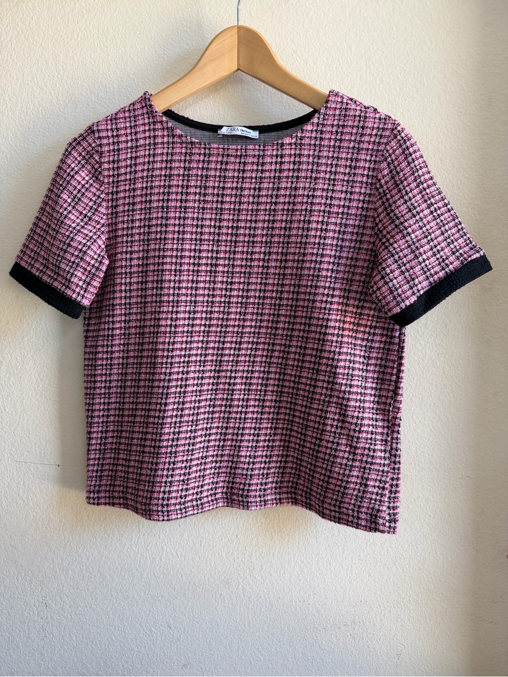 Zara Trafaluc Pink Bouclé Tweed Plaid Short Sleeve Top Size Medium